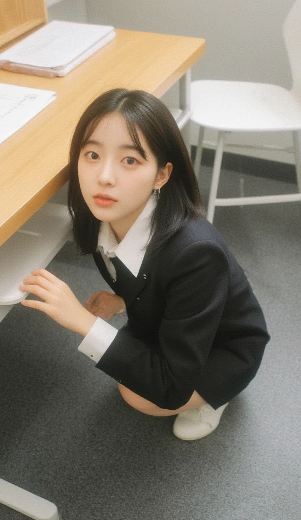 best quality, full body image, delicate face, beautiful face, 25 year old woman, OL uniform, office clothes, black stockings, gray background
