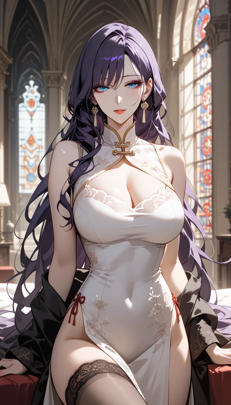 Mature women,Black long hair,,Bangs,White skirt,high quality,Beautifully,masterpiece