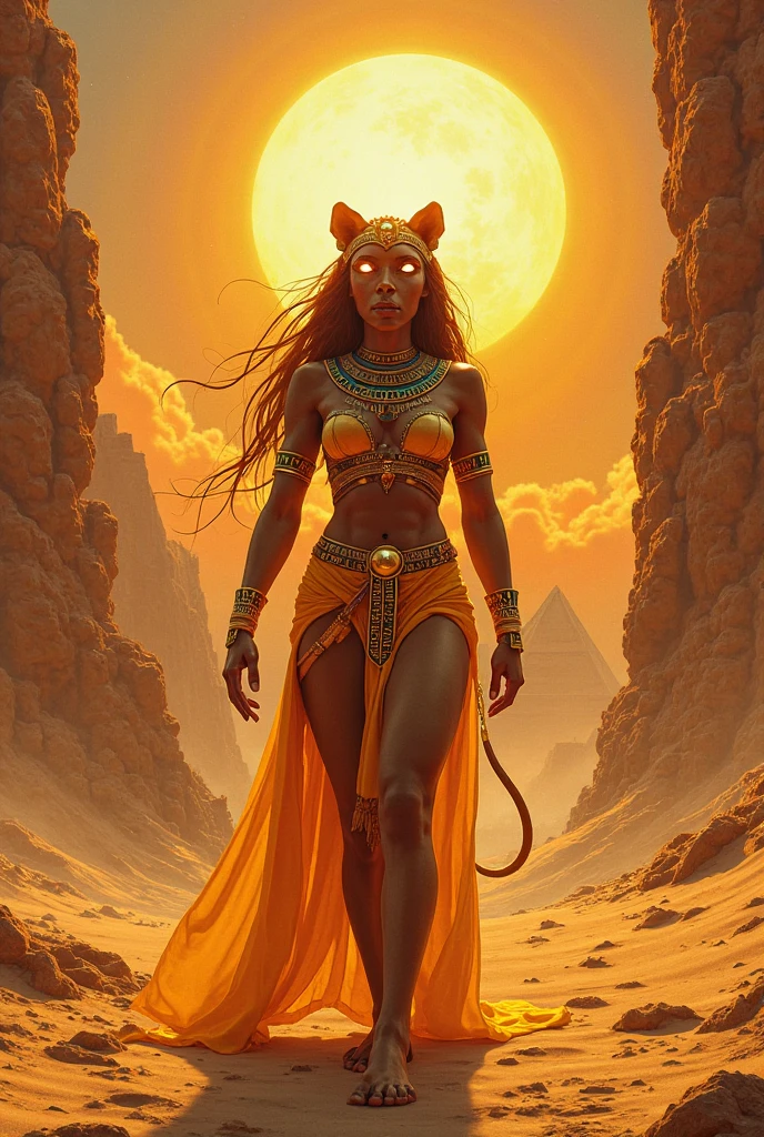 illustration d'Un sphinx anthropomorphe femelle énervé en colère intense avec une coupe afro, habillée en robe style pharaon, les rides de chats sphinx sur son corps, montrant ses crocs de vampire et ses griffes tel une furie, en entier, devant une pyramide, tenant un sceptre avec une tête de chat, avec un ciel doré en arrière-plan.