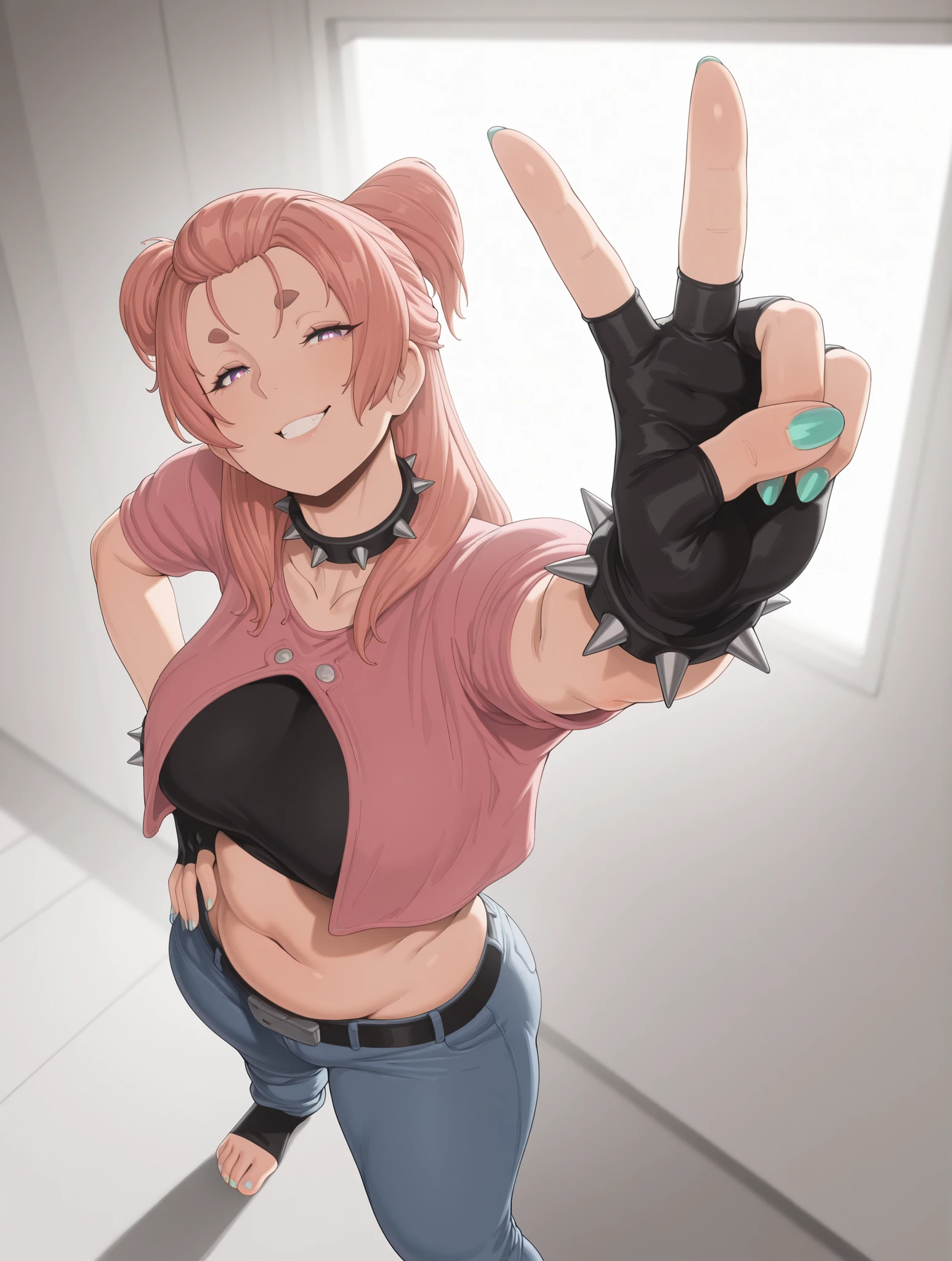 slush, Anime-style , anime coloring, anime screencap, ((Cinematic, unreal engine, eye-catching, ambient occlusion, UHD, masterpiece)), ((perfect lighting, rim lighting)), comic, score_9, score_8_up, score_7_up, score_6_up, score_5_up, score_4_up, uncensored, detailed background, vignetting, masterpiece, Cinematic, high quality, absurdres, best quality, very aesthetic, newest, digital art, trending on ArtStation, ((anatomical correct)), perfect body, perfect eyes, perfect fingers, gasping, heavy breathing, gasping profusely, cinematic, ((skindentation)), ((curvy)), Mmananakiri, mature female, long hair, ((half updo hair)), ((dark-pink hair)), purple eyes, short eyebrows, thick eyebrows, big breasts, plump, bright pupils, 1girl, spikes, solo, gloves, fingerless_gloves, spiked_collar, spiked_bracelet, nail_polish, bracelet, collar, jewelry, v-sign, looking_at_viewer, breasts, navel, toenails, aqua_nails, foreshortening, smirk, pants, toenail_polish, belt, from_above