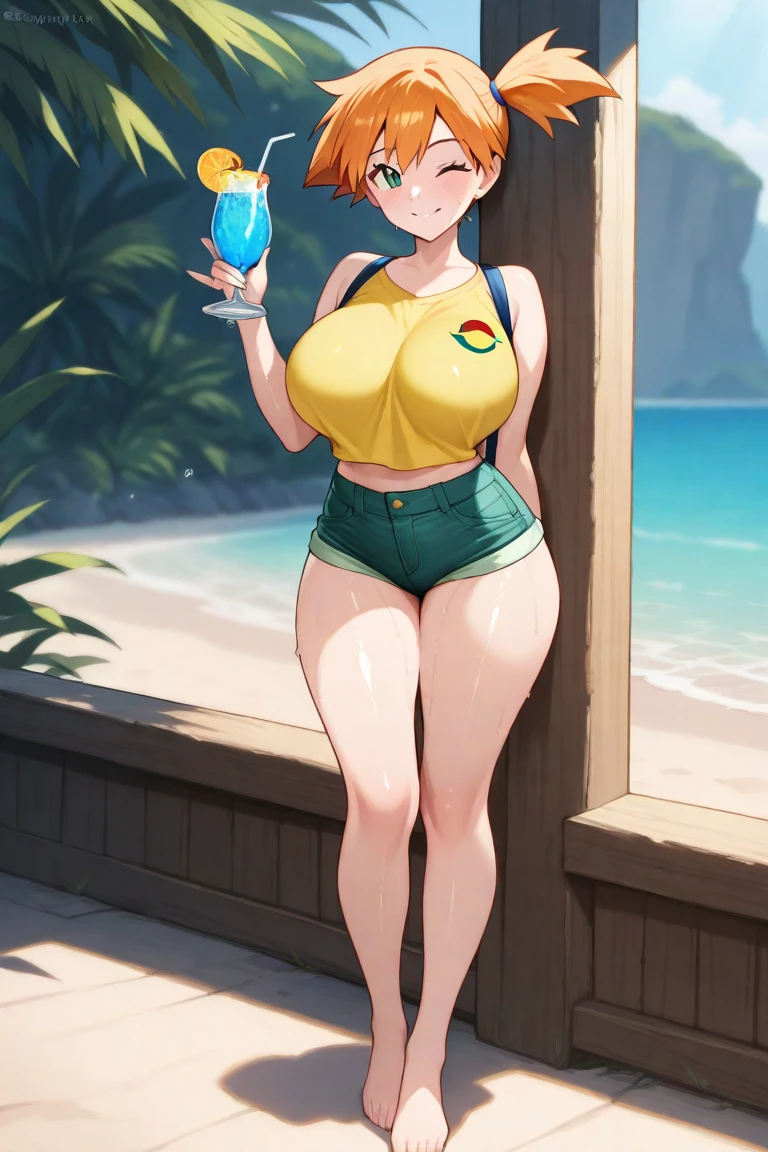 Bbw with huge belly at a beach party, short curly hair, dancing, hat, free spirit, margarita glass