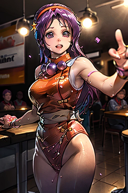 masterpiece, 4k, high quality, anime 1girl, short light purple hair, (((blue skin))), orange eyes, Xaela, (Aurate), ((wearing black choker, mesh shirt, white tank top, red plaid skirt, fishnet stockings)), busy nightclub interior background, glasses, disco lighting, ((1 hand on hip)), (holding a tropical drink),