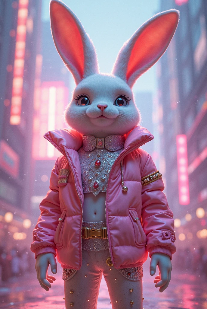 A white mouse wearing an urban short-sleeved pink one-piece. A red flower hair accessory on her head. She is wearing red high heels. She is standing on a road in a high-tech cityscape with neon lights and holographic signs. The background has a modern, cyberpunk, high-tech feel. Lovely digital painting, 3D rendering, bright lighting, vibrant colors.