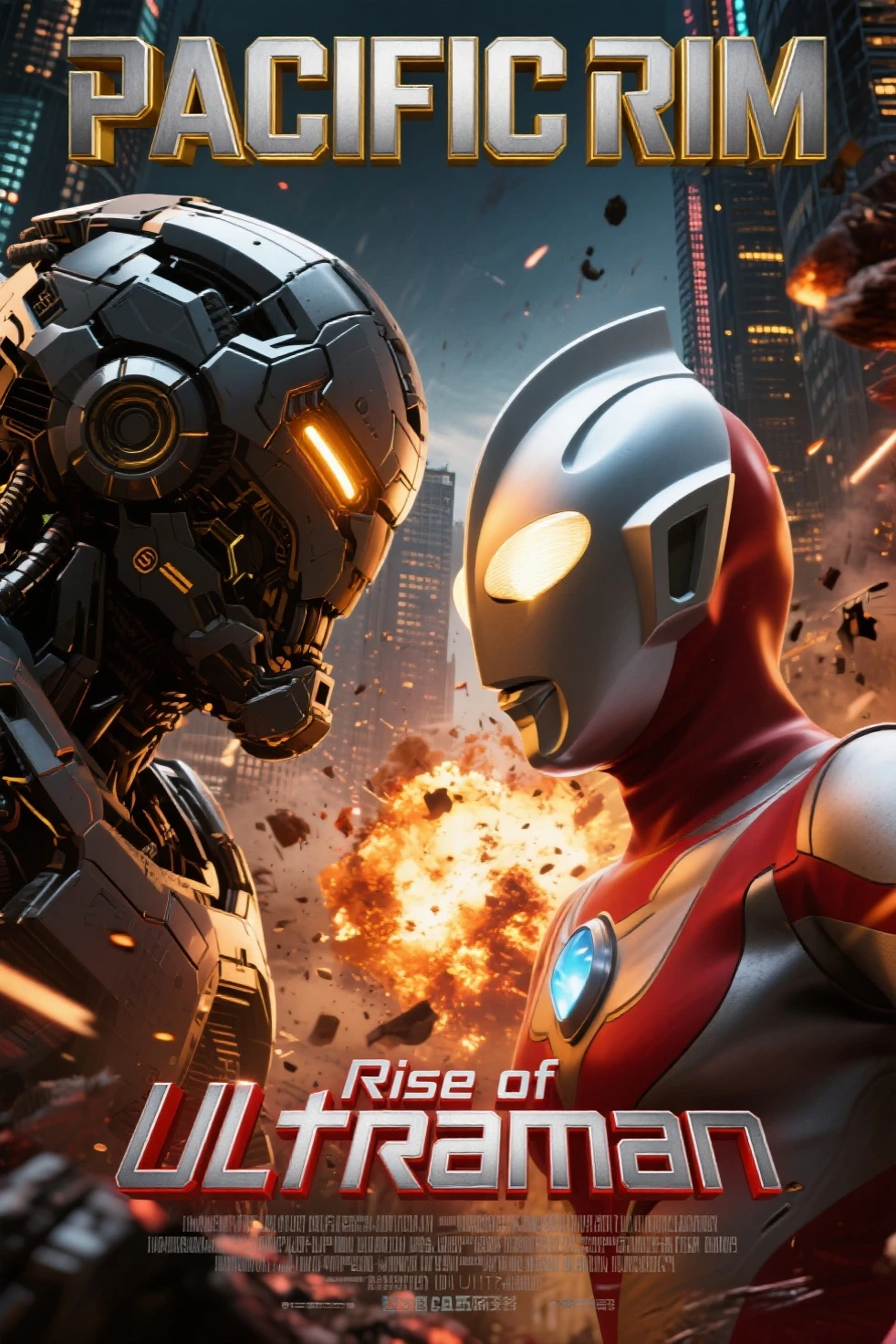 Design a cinematic movie poster featuring the title "PACIFIC RIM" in bold metallic silver with gold outlines, and "Rise of Ultraman" in metallic red with silver outlines. Focus on an intense close-up face-off between Ultraman and Pacific Rim's Gipsy Danger Jaeger, emphasizing their scale and power. The background depicts a city under siege, illuminated by explosions and chaos, adding dramatic depth. Use a dynamic angle to highlight tension and energy