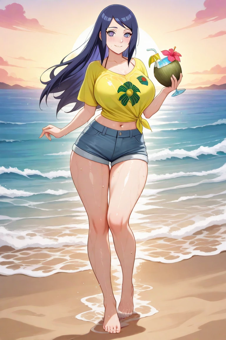 8K, cru, best qualityer, work of art, ultra high resolution, colorfully, extremely detailed eye and face, beautiful detailed eyes, chubby woman in bikini holding a cocktail,overwhelmingly large belly,at beach