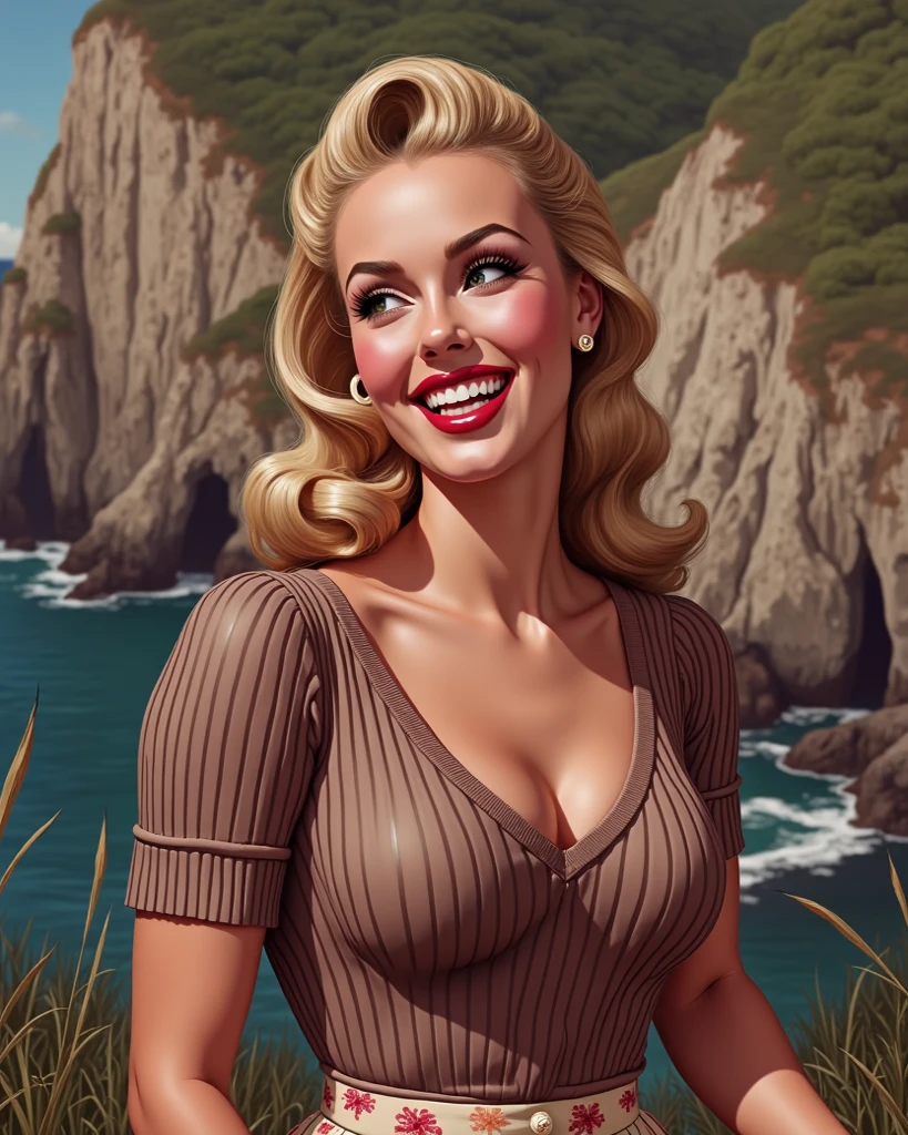 Scarlett Johansson is a young woman, enormous breasts, with short, dark brown hair styled in a bob cut, wearing a blue tube top white very short miniskirt with ruffles. She has a cheerful expression with bright, smiling eyes and a wide, happy smile. Her outfit is a blue and white gingham off-the-shoulder short dress with ruffles along the neckline and shoulders, and a silver star-shaped necklace and matching star earrings. The background features a serene ocean scene with gentle waves and a clear blue sky. The lighting is bright and natural, giving the image a vibrant, summery feel. (Distant full body view:1.6), ultra realistic photo, vibrant colors, 16k
