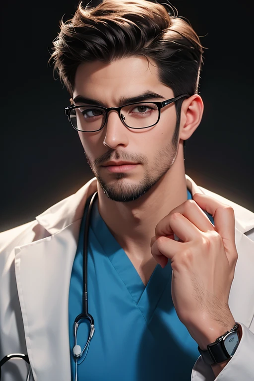 HD quality, high definition, a male doctor 18 years old handsome, muscular and slim, red lips, leaning forward pushing wall of his clinic, ((exposed vigina)) , wearing open lab coat, model with bracelets, earrings, with eye glasses, fully nude and naked body, eyebrowse angry, side view, wearing shoes, sexy and seductive, very wet bofy, very wet hair, exposed Vagina , ((with stethoscope in his neck)), with gloves