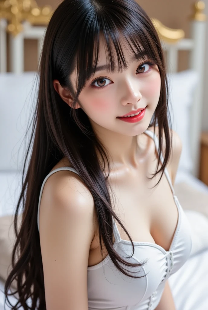 smile、RAW photo、((glowing skin))、1 girl、 beautiful girl from Prague、bright look、brown hair、(butt cleavanurse、There is a big gap in the chest、chest is emphasized、Hold your chest with your hands、beautiful big breasts、((sleeping the bed))、Open legs in bed、Glossy, glowing skin、(silky ponytail hair)、eyeliner、beautiful bangs、hair between eyes、masterpiece、最high quality、Super detailed、film light、intricate details、High resolution、very detailed、detailed background、8KUHD、Digital single-lens reflex camera、soft light、high quality、film grain、Fujifilm XT3 、shallow depth of field