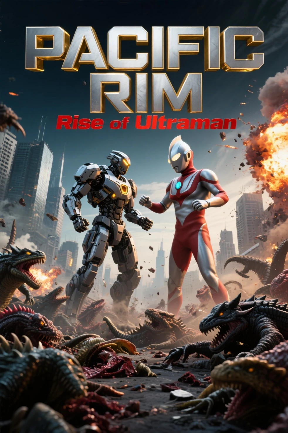 Design a cinematic movie poster featuring the title "PACIFIC RIM" in bold metallic silver with gold outlines, and "Rise of Ultraman" in metallic red with silver outlines. Focus on an intense close-up face-off between Ultraman and Pacific Rim's Gipsy Danger Jaeger, emphasizing their scale and power. The background depicts a city under siege, illuminated by explosions and chaos, adding dramatic depth. Use a dynamic angle to highlight tension and energy