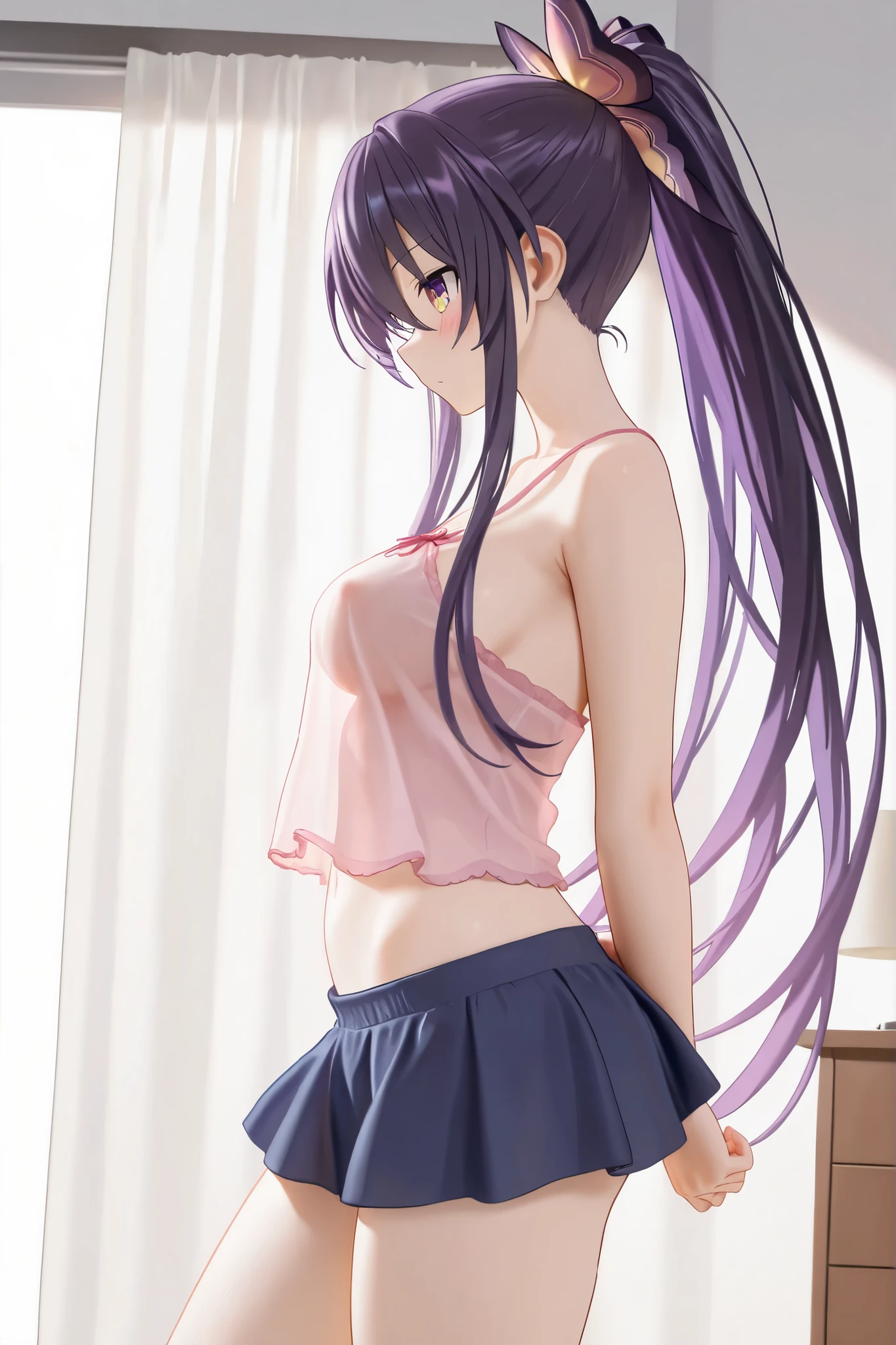 1 girl, solo, Kisaragi from Kancolle, white transparent tank top, blue short jeans that are unbuttoned and show underwear, no bra, (sexy), small breasts, sparkling eyes, masterpiece, best quality, full body, purple eyes, shiny brown hair, purple flower in hair, tall, long hair, wavy hair, hair between eyes, standing