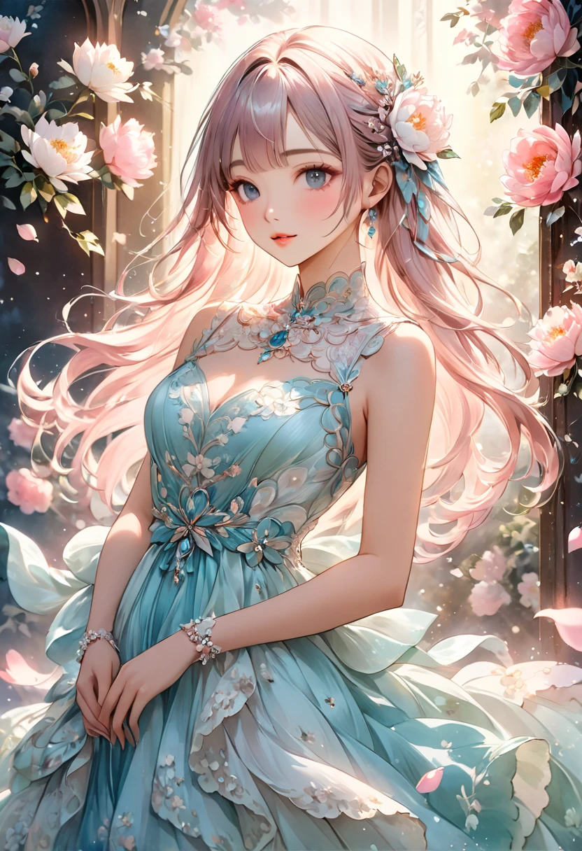 1girl, long hair, flower, Lisianthus, in the style of light pink and light azure, dreamy and romantic compositions, pale pink, ethereal foliage, playful arrangements,fantasy, high contrast, ink strokes, explosions, over exposure, purple and red tone impression, abstract, sitting, whole body capture,