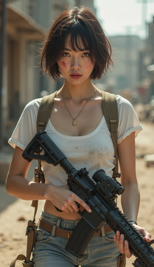 8K,Realistic Photo、Realistic Skin Texture、Superrealism、Japanese woman living in America、Operation、In a mid-sized American city、Old brick building、mortar、Loose Fit T-Shirt、Shoulder bag、Denim pants、Dirty sneakers、Hunting rifles、Dirty alley、Baseball Cap