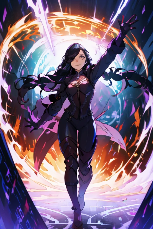 (:cellshading:(anime)(manga)anime protagonist of a woman(DARK hair, light eyes, wearing a black astral dress, torn dress, ripped dress, high, short hair, , Dark witch, Astral Witch Clothing,poses levitating,Arms and hands extended upwards holding a pink energy ball with a skull in the center, hair standing up (casting a powerful spell, human :: sorceress, dark sorceress, anime woman, black fur wizard, witch clothes)