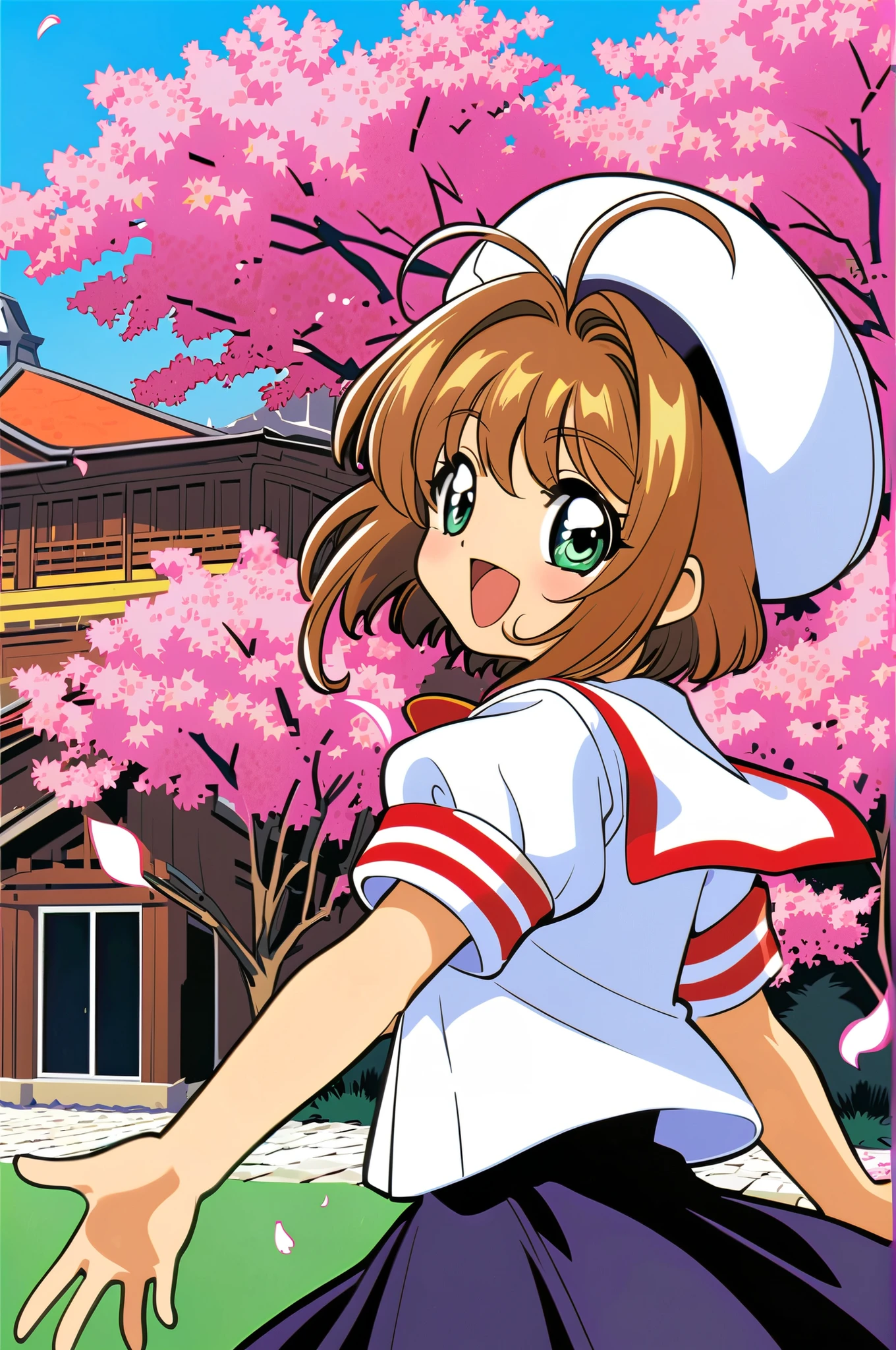 1 girl, Kinomoto cherry on my right hand, solo,tomoeda elementary uniform, green eyes, brown hair, skirt for ears, uniform, opens his mouth, villages with, Short sleeve, short hair, Watch Viewers, smile,  petals, Puffed Sleeves, black skirt for ears, puffy Short sleeve, antenna hair, white headwear, look back, Cherry Blossoms, sailor collar, :d, white shirt, shirt, bungs, cross your arms on your back,