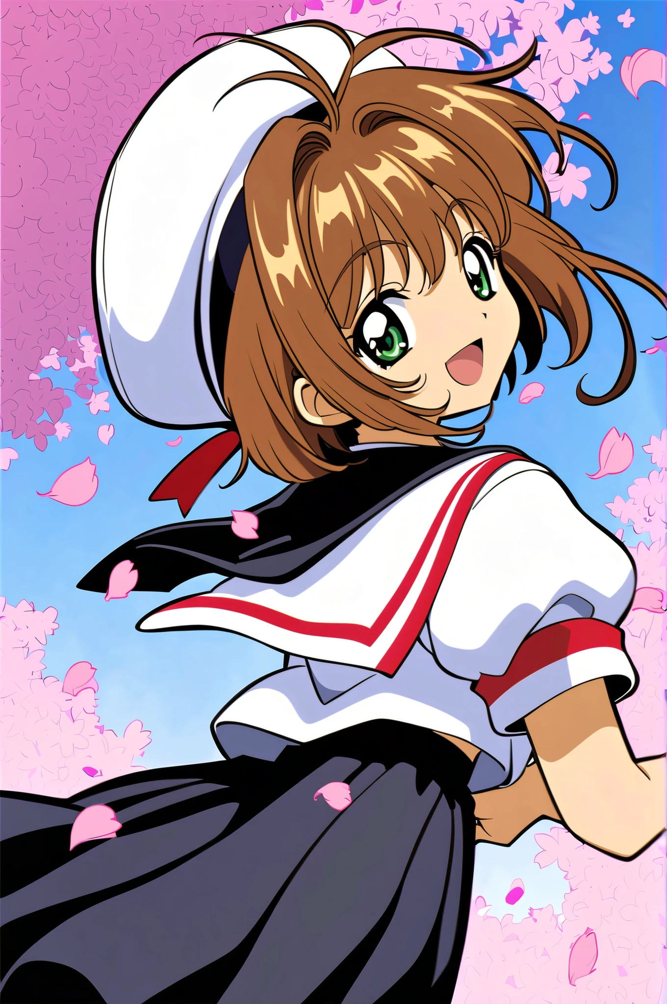 1 girl, Kinomoto cherry on my right hand, solo,tomoeda elementary uniform, green eyes, brown hair, skirt for ears, uniform, opens his mouth, villages with, Short sleeve, short hair, Watch Viewers, smile,  petals, Puffed Sleeves, black skirt for ears, puffy Short sleeve, antenna hair, white headwear, look back, Cherry Blossoms, sailor collar, :d, white shirt, shirt, bungs, cross your arms on your back,