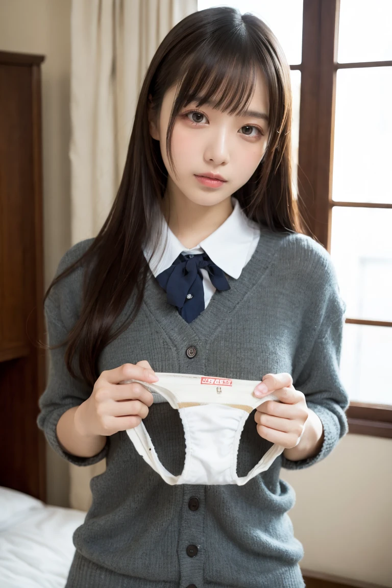 masterpiece, highest quality, Official Art, (Highly detailed CG Unity 8k wallpaper), Detailed Background, (The Hands of Guido Daniele: 1.1), First Person View, 1, Inside an empty school、Attractive and perfect beautiful woman, Sunburned skin、Black GAL、GAL High School Girl, GalＪＫ, High school girl uniform, (Curvaceous), ( White thighs: 1.12), (Brown long hair: 1.12), (Ahoge (1.13), (High Ponytail: 1.12), Beautiful Face, (blush: 1.11), (smile: 1.11)、Showing her cute panties to the camera((She is holding her pink panties and showing them to the camera))、Wear a checked skirt((Spread your legs out to the side:1.2))