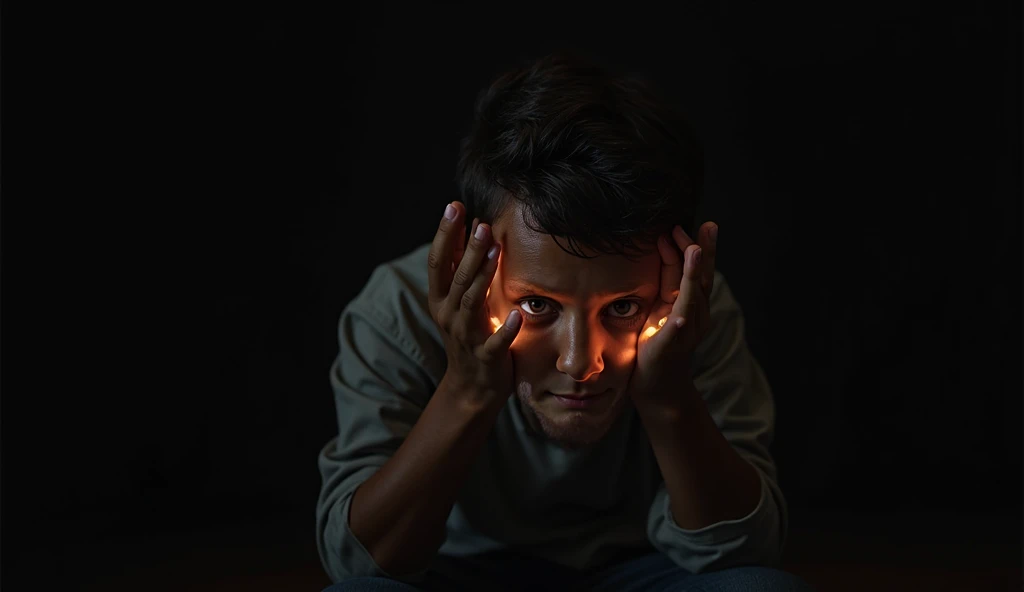 A dark room with a red light, In the middle a boy sits, in front of him a table, and behind him darkness, but with two bright spots behind it resembling eyes