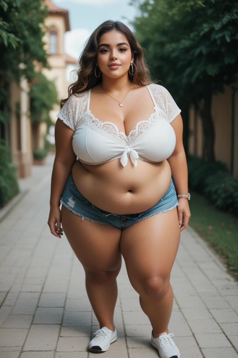 ((best quality)), ((masterpiece)), (detailed), perfect face, araffe woman in a blue underwear walking down a street, thicc, wavy short hair , she has a jiggly fat round belly, bbwchan, nude , skinny waist and thick hips, widest hips, her belly is fat and round, soft curvy shape, hyperrealistic full figure, wide hips, wearing 10 bracelet , wearing huge diamond necklace