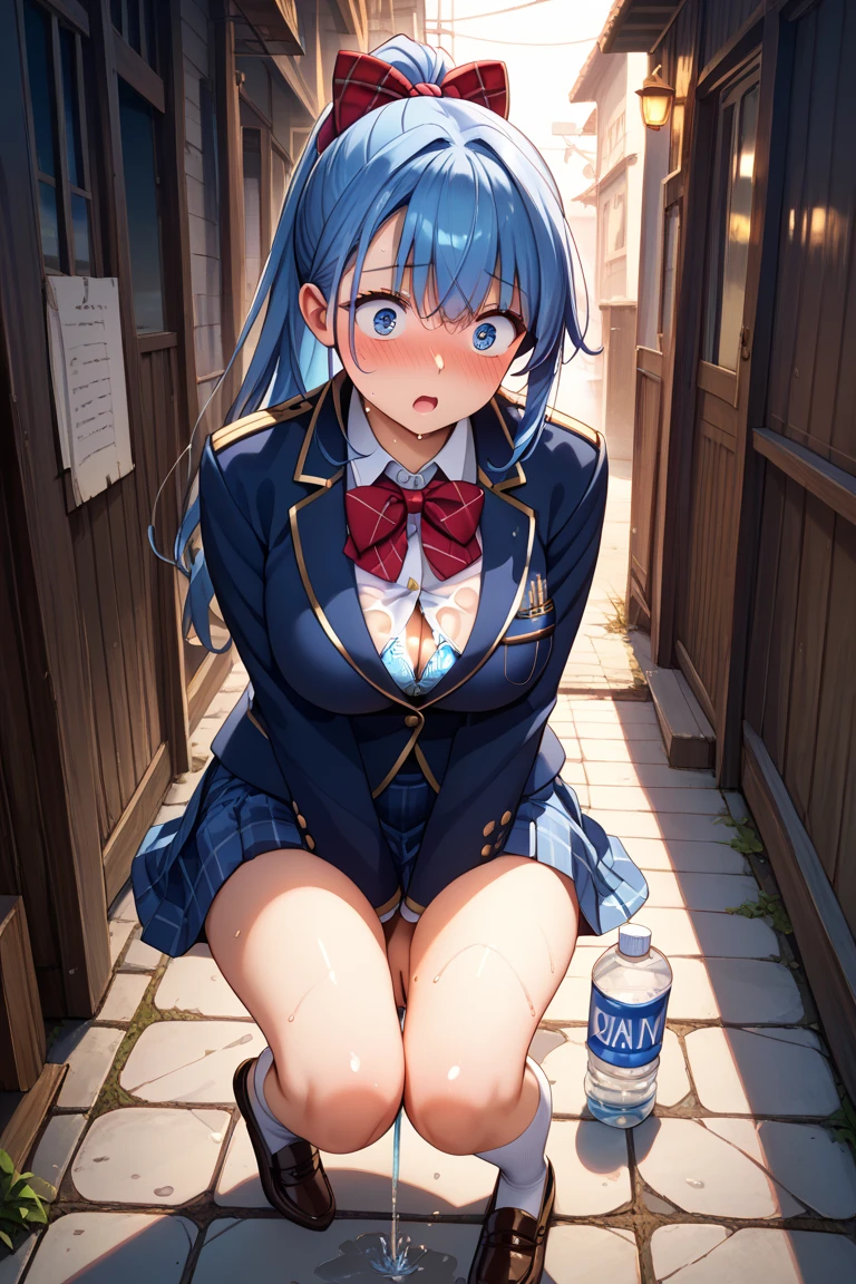 Anime, blue eyes, wearing long plain white shirt, city, high res, ultrasharp, masterpiece, wet shirt, pussy, crowd, sex, hiding penetration, next to other people