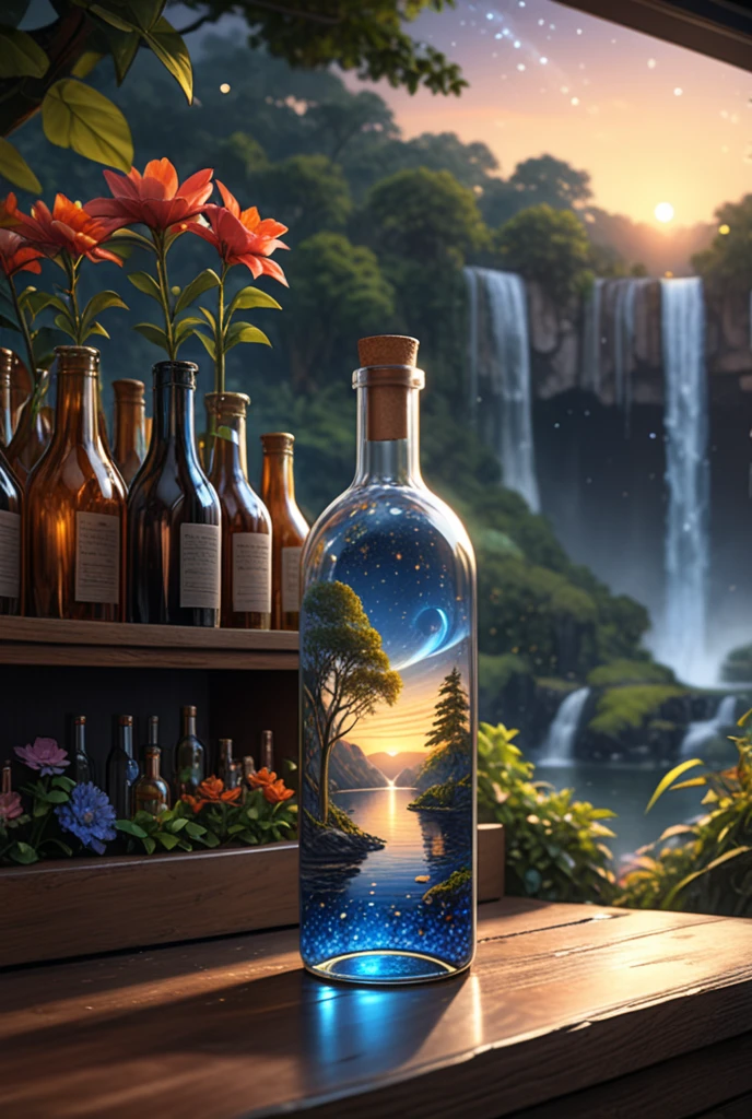 A huge bottle，There is a majestic lake inside ,  Very high quality and very detailed scenes , octane rendering, starry sky , Dream , Huge green moon , paradise walter , inspiration, imagination  