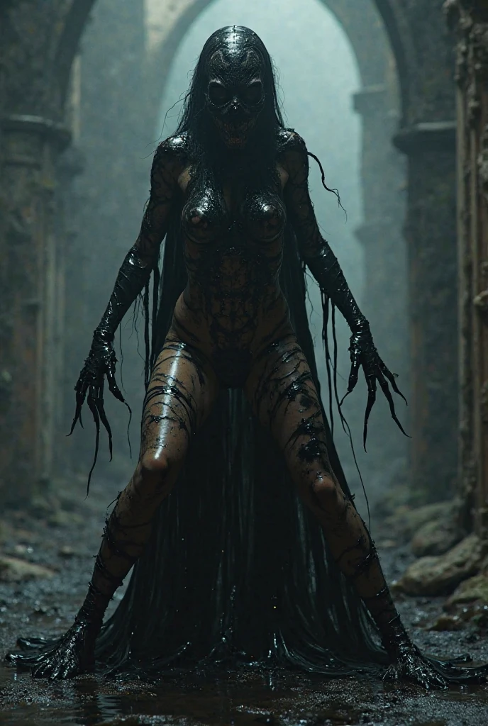 ((dark tentacle fantasy art)), beautiful demon girl, ((black skin)), dark black skin, black skin, ((ash skin)), ((black glossy skin)), long black hair, long bangs, sits, ((hands on hips)), (ultra short clothing), open belly, (oil rain, (oil streams), (knee deep in flowing oil), black oil liquids, black oils, black liquids), lots of oil, long black tentacles, long tentacles, big biopunk tentacle columns, highly detailed art