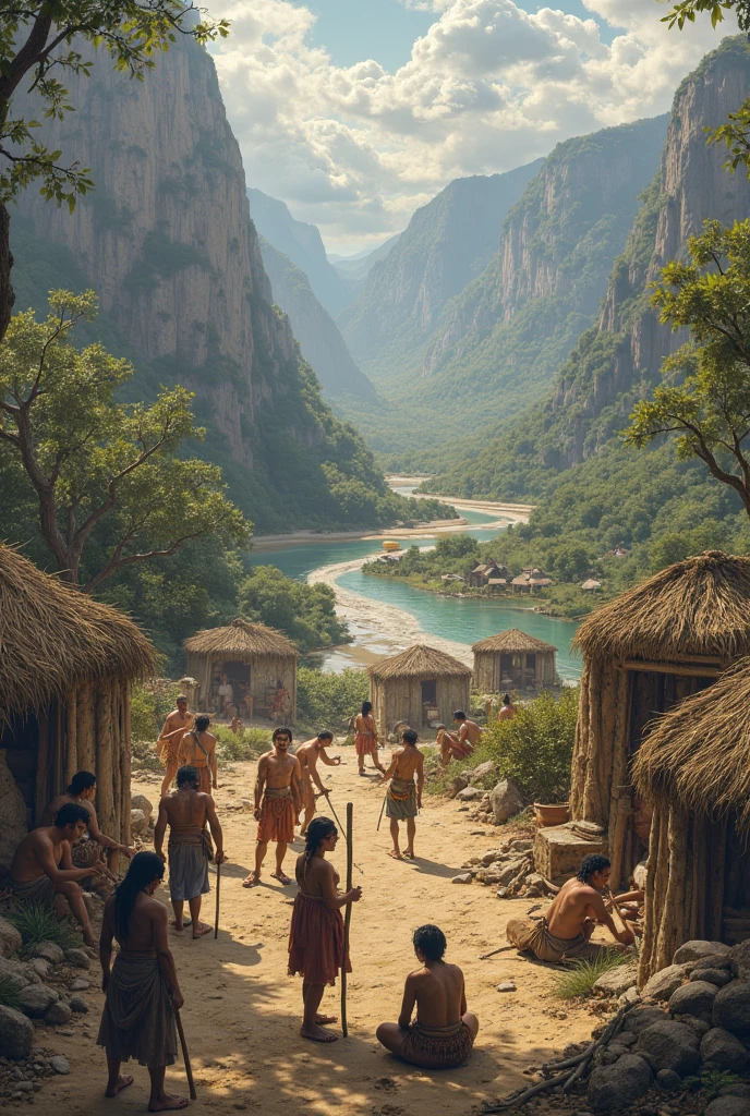 a primitive man selfie with family, using a wooden stick, detailed face, detailed eyes, detailed lips, intricate details, highly detailed, photorealistic, 8k, hyperrealistic, chiaroscuro lighting, natural colors, warm lighting, lush nature background, cinematic composition, dramatic pose, dynamic angle