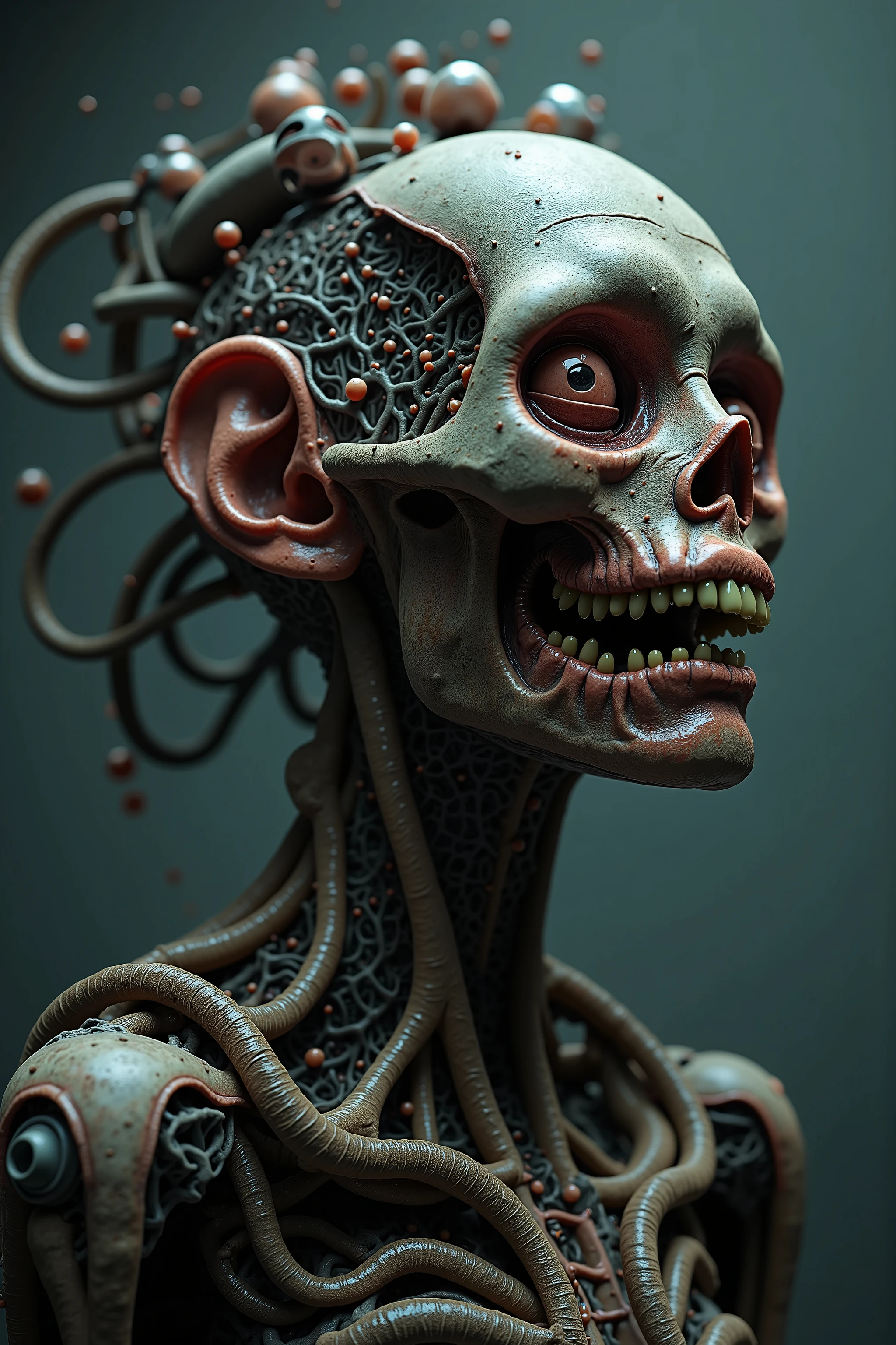 (best quality,4k,8k,highres,masterpiece:1.2),ultra-detailed,(realistic,photorealistic,photo-realistic:1.37),complicated surreal scene,organic growth,twisted dark fantasy,disturbing visuals,abstract biomechanical structures,intricate details,muted color palette,dramatic lighting,visceral textures,unsettling atmosphere,eldritch horror,nightmarish imagery,otherworldly landscape,mutation and transformation,organic machinery,unnatural forms,surrealistically grotesque,beautifully horrific,distorted reality,dark and twisted,demonic faces,grotesque beauty,ultra-realistic,cinematic photography, cinematography, full focus, UHDR, hyperrealistic, startling, bizarre, wired weirdcore, creepy creepstyle, strange station, masterpiece 