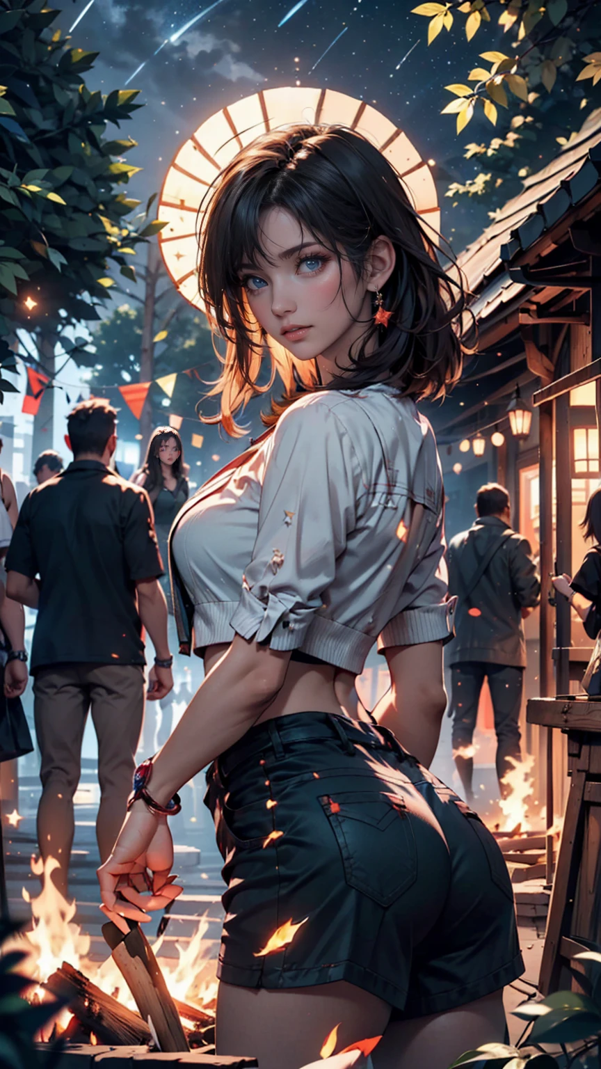 Highest quality,Ultra-high resolution,One woman,alone,whole body,summer, Black shortcuts,Green Eyes,Emotional,Headphones,Fireworks are set off