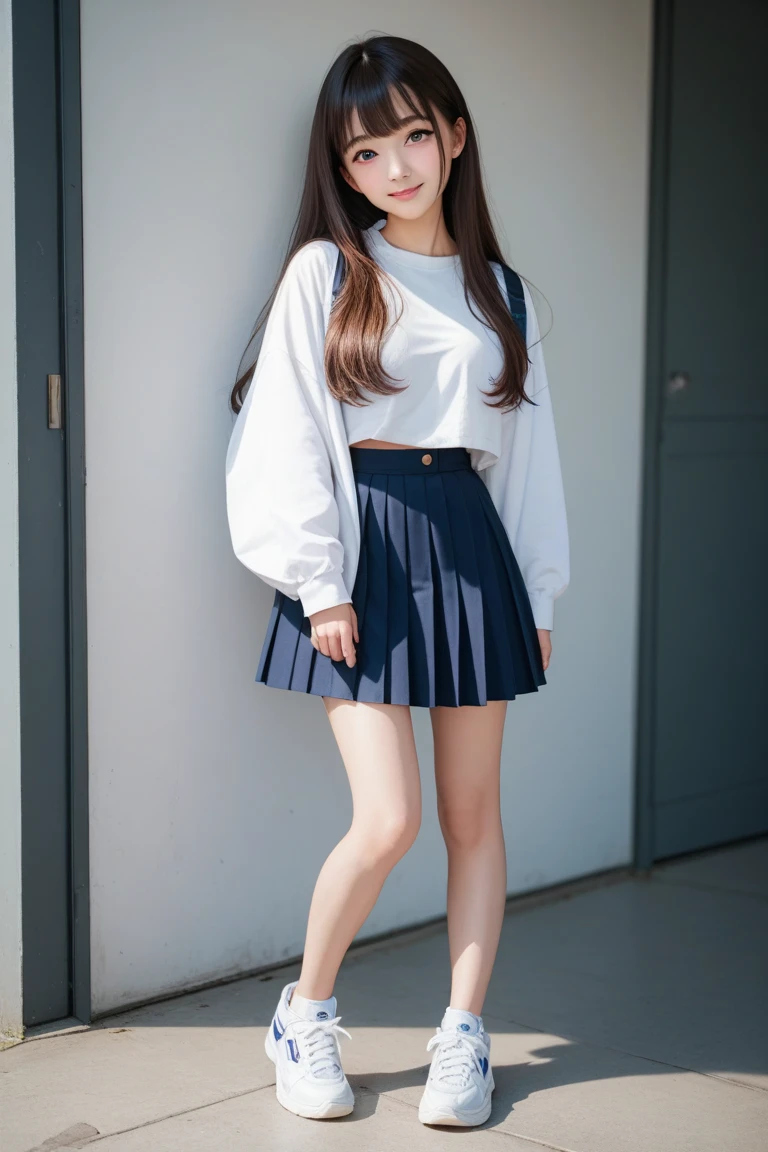 ((Viewing angle from below、Highest quality、masterpiece、32k、Every detail))、Descend the outdoor stairs、commute、Systemic manifestations、Traditional navy blue sailor uniform、White blouse、Pleated skirt、(((A strong wind blows my hair and skirt away:1.62)))、((I always carry the shoulder strap of my bag across my body..:1.22))、One Girl, alone、(((mini skirt, No underwear:1.22)))、Big Breasts、barefoot, High heels