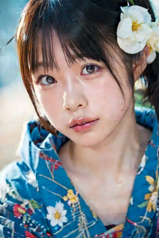11 year old girl　Japanese　Light blue yukata　Realistic Skin　Bigeyes