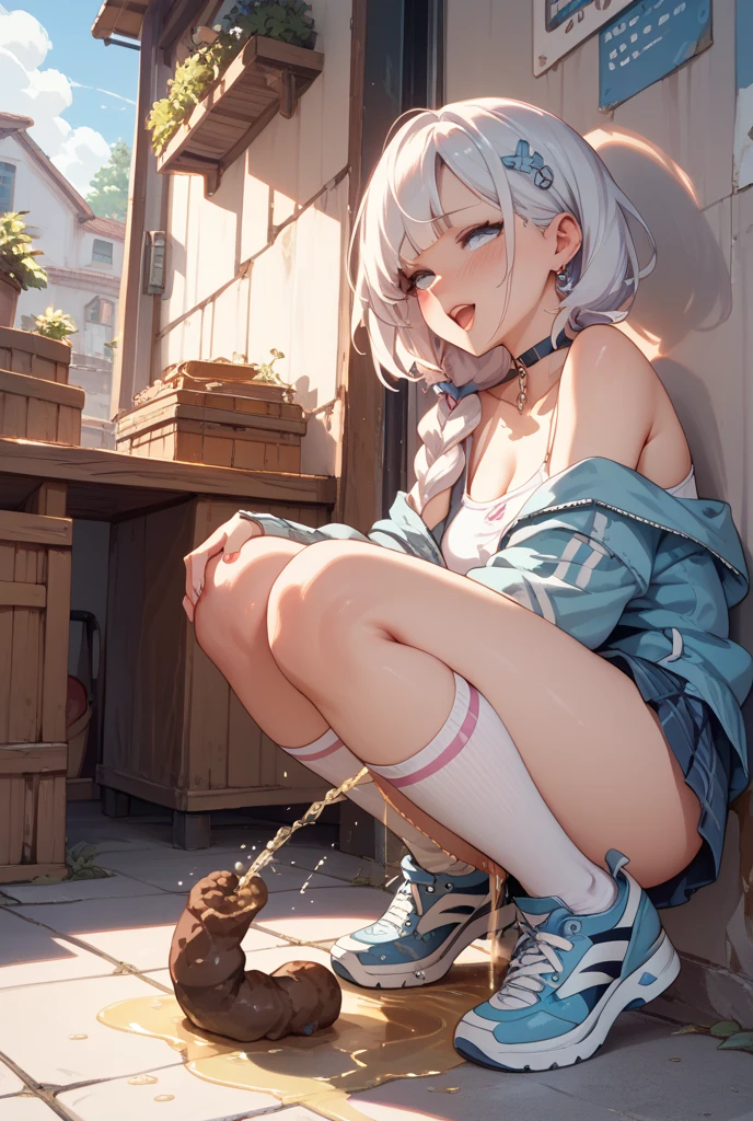 NSFW,Hololive,Shion Murasaki,Long Hair,(High-quality lingerie:1.5),(High leg:1.5),(Perfect hands),(Perfect Anatomy),(masterpiece),(highest quality),School,corridor,Embarrassed,blush,Crouching with legs apart,Stretch your arms