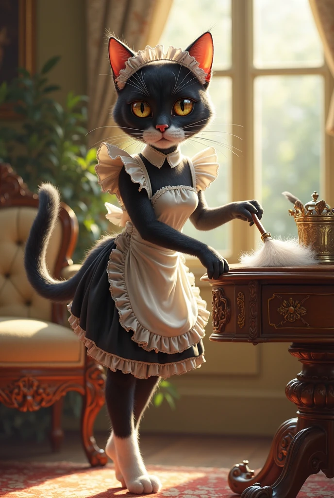 Little black and white cat, Humanized, dressed as a  maid who dusts furniture