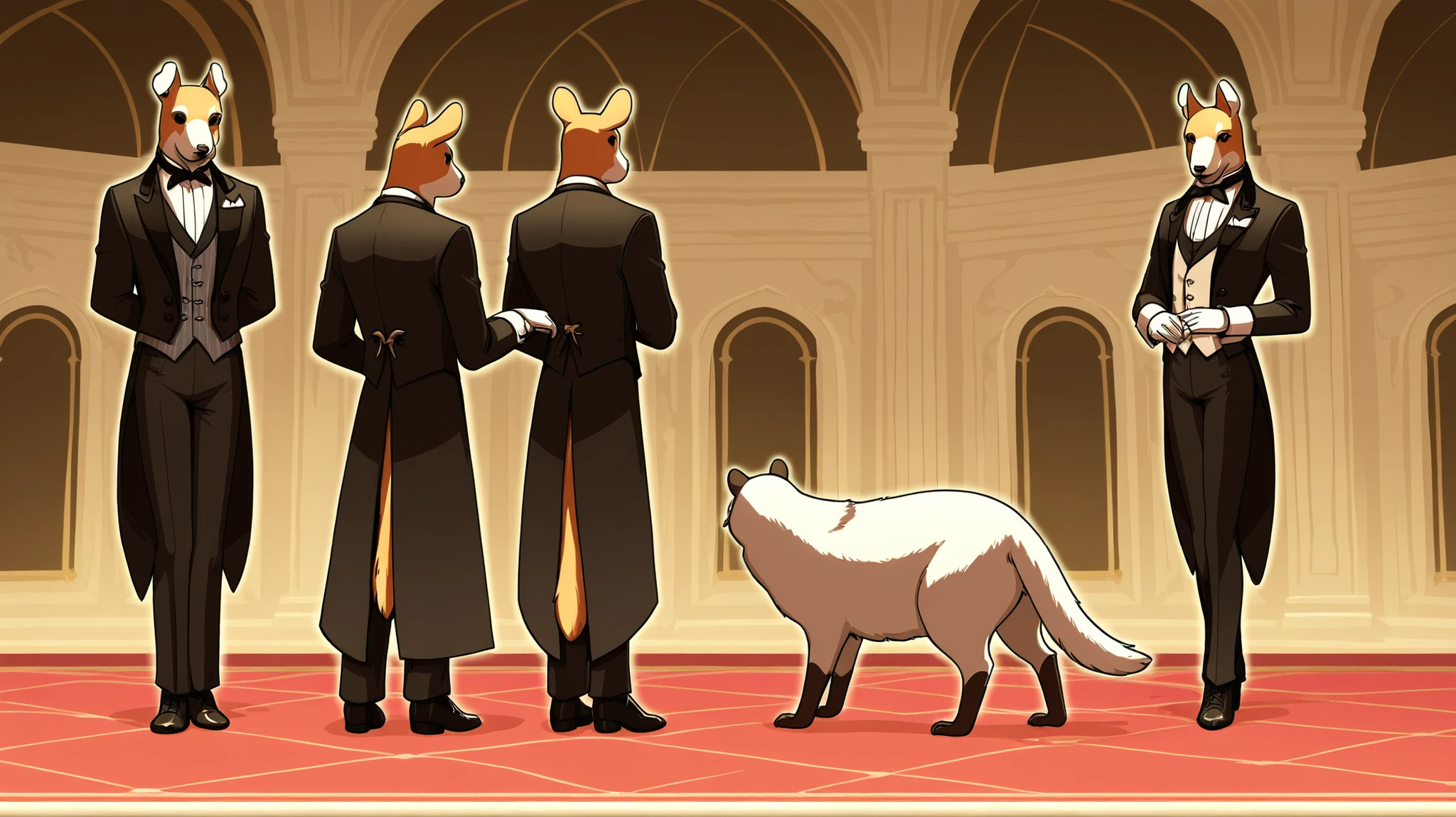 The animal is wearing a butler costume,Fantasy、Animals that walk on their back legs,An aristocrat-like mansion、the world of animals that stand on their back legs and walk on two legs、