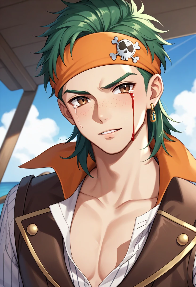 absurdres, highres, ultra detailed, HDR, master piece, best quality, Ryoumen Sukuna, pink hair, expressive red eyes, Jujutsu Kaisen, solo, sexy man, handsome, horny, lewd, black hat, fantasy black pirate clothes, accessories, showing the chest, beach, sea, petals, flowers
