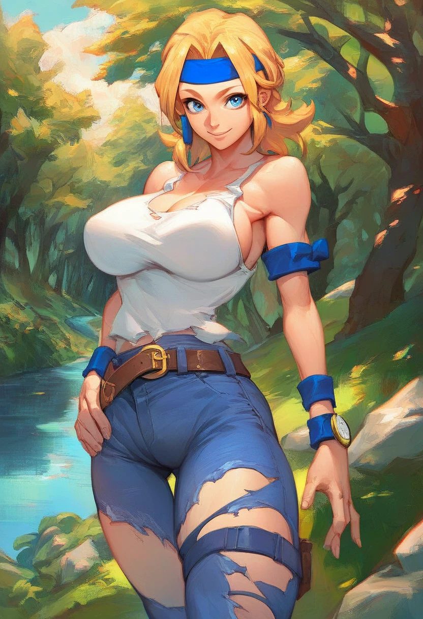 Beautiful busty blonde girl with huge breasts, tits, wearing a tight bikini and short jeans, running in a swamp