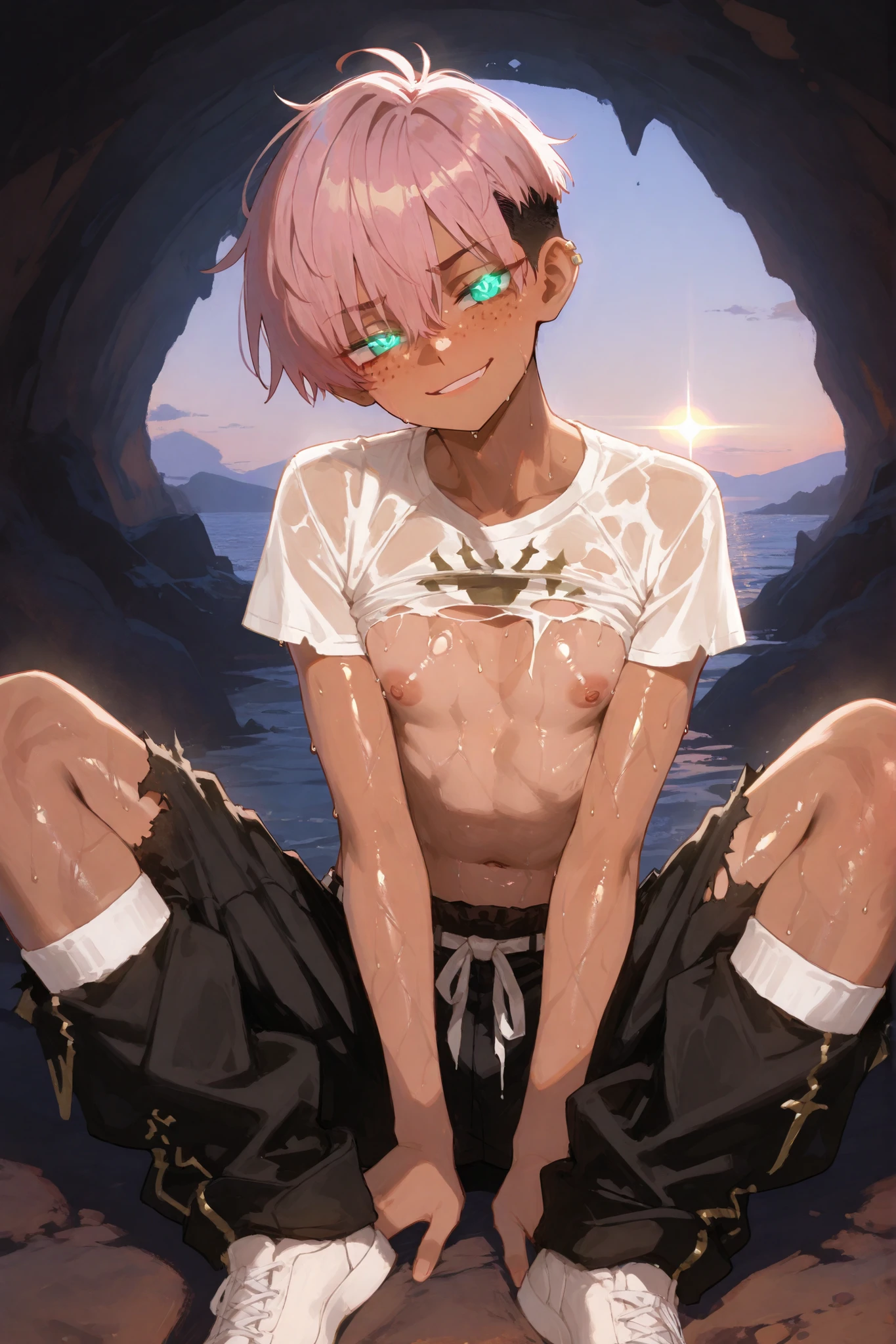 tanned mixed-race black skinned young boy with freckles, glowing clear glossy wet shiny skin, short spiky lavender and salmon pink hair , black trimmed undercut taper sides and back behind hair, and sky blue neon eyes, wearing white GI baggy transparent tech torn modern very torn shirt revealing manly boy Chest and nipples with gold trim, and very baggy GI black very torn wrecked baggy pants by revealing his legs and middle with glances with gold accents, horny silky face, soft golden hour lighting, in a cave background , anime-style, detailed and vibrant, and dark, tone, dawn, full body pic, in a sexy gay pose with a smirk, very sweaty and silked , with long socks,