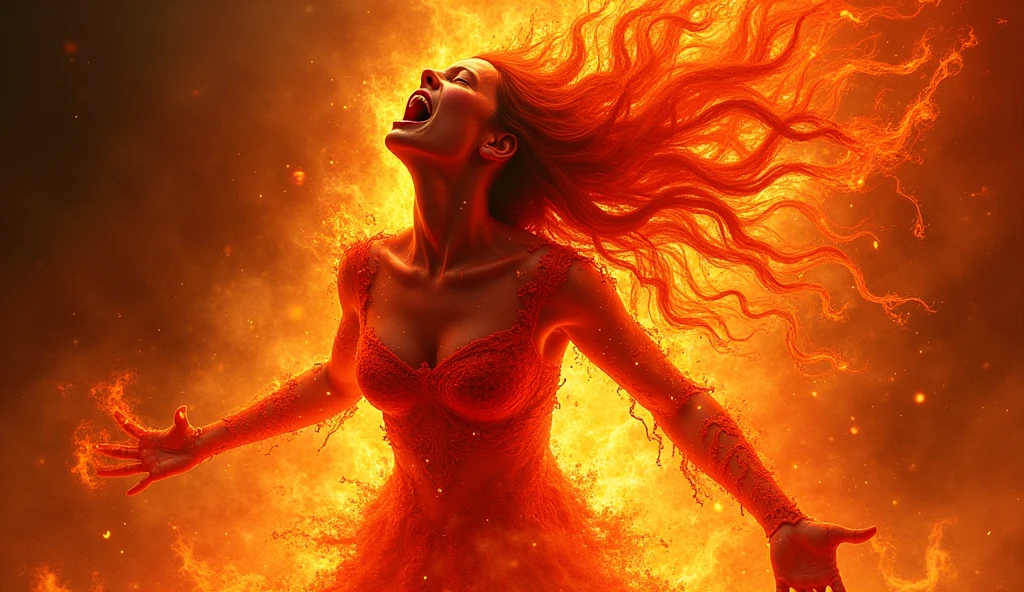 1girl, solo, fire, closed eyes, parted lips, upper body, nude, collarbone, burning, floating hair, lips, hand up, realistic, fiery red hair, fiery red eyes