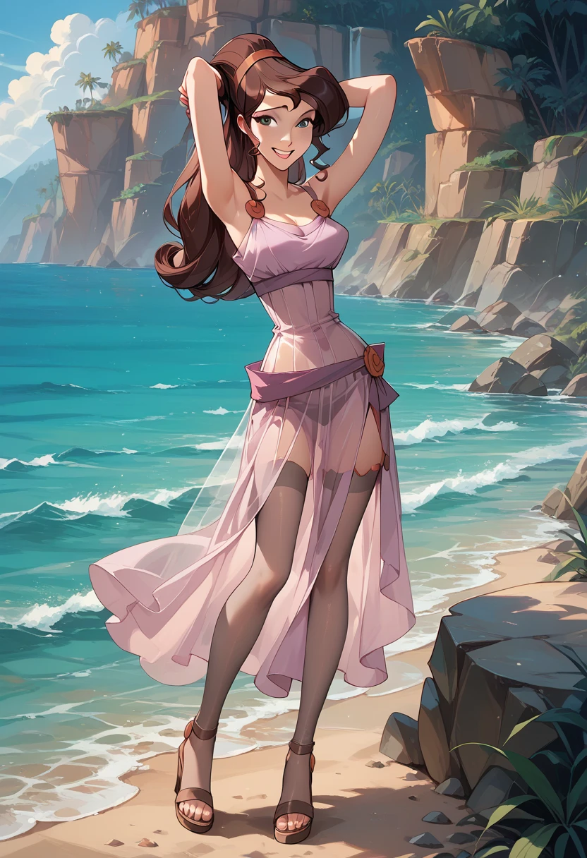 scathach, bikini , masterpiece, best quality, absurdres, 1girl, standing, beach, looking at viewer, smile, (pink sarong:1.3), cowboy shot , long hair