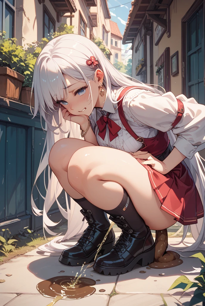 最高品質, 傑作, 超高解像度, 1名, かわいい, anime girl in a short skirt and a white shirt is walking, hyperrealistic , a hyperrealistic , realistic , thighs close up, smooth anime cg art, beautiful anime girl squatting, | fine detail anime, guweiz, seductive anime girl, clean detailed anime art, bending over, small curvy