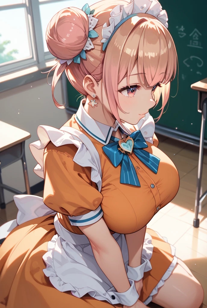 ((muste piece, best quality, High resolution, ticker, perfect pixel, Depth of bounds written, In 4K, )), 1 girl, solo, , beautiful anime girl, beautiful art style,
close up of breasts, Looking at Viewer,
perfect body,
Yuigahama Yui, hair bun, short hair, (big , cleavage:1.2),
full face blush, shy smile, open mouth,
Maid attire, metal collar,
in classroom,,
From above, POV handjob,
upper glance,