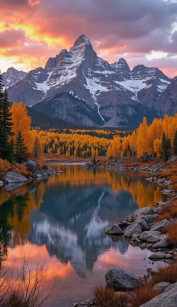 Majestic mountain range, snowy peaks, autumn forest, vibrant fall ...