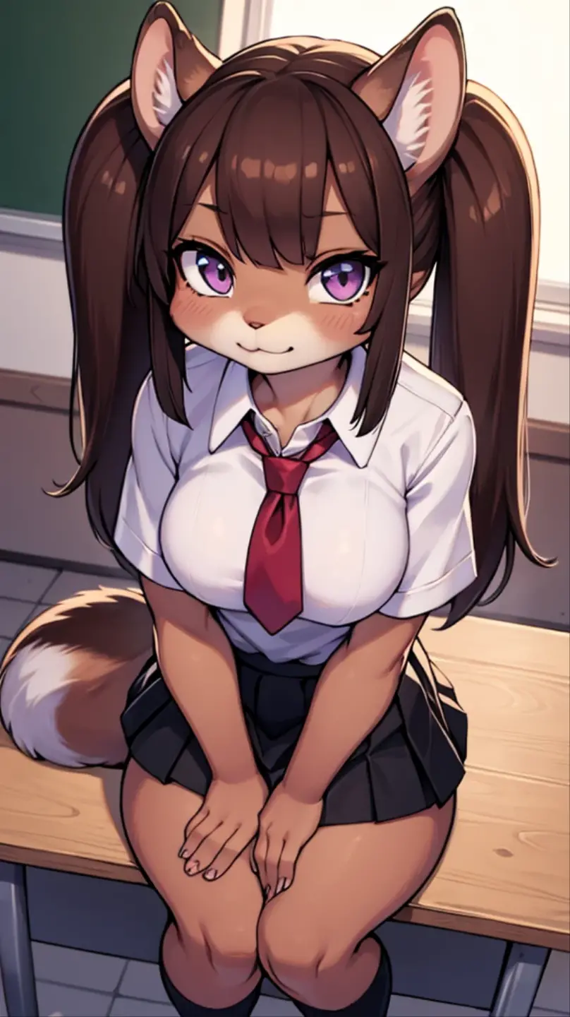 ((best quality)), ((masterpiece)), (detailed), perfect face, Eevee (Pokemon), standing, very fluffy, college uniform, breasts, furry,