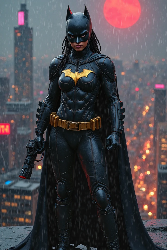 cassandra cain, batgirl suit, black pants, black hair, brown eyes, smile,
akihabara city, of the dead,  night,  from above, standing on rooftop, neon sign, game center,(masterpiece:1.2), (best quality:1.2), perfect eyes, perfect face, volumetric lighting, abs, (muscular, wide hips, thick thighs, small breasts:1.6), (upper body view:1.3), (three quarter view, close up:1.4)