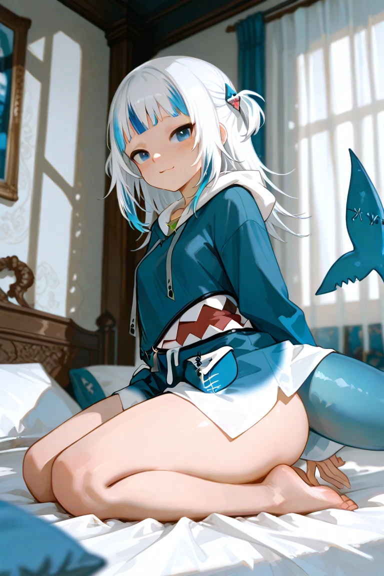 ((masterpiece)), (best quality), (detailed), (1 girl), <lora:NothingToSeeHere:1>, <lora:gawrGuraHololive_v2:1>,gawr gura, shark girl, shark hair ornament, blue hoodie, shark tail, shark print, :d, sharp teeth, standing, barefoot, bedroom
