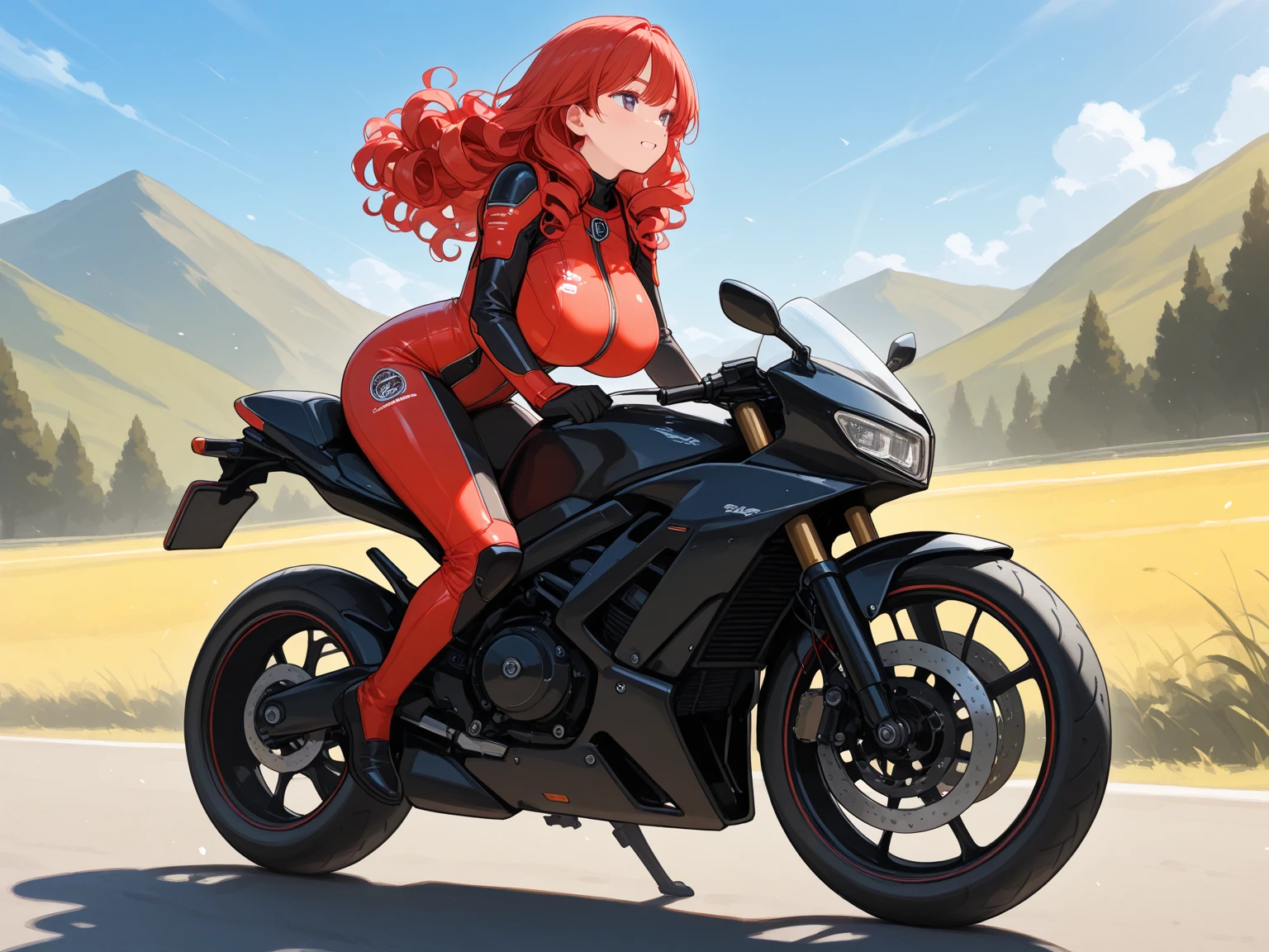 (4k), hentai, (solo), nsfw, (Masterpiece), ((highly detailed)), (sweat), souryuu asuka langley, closeup,  dark short hair, blue eyes, looking at viewer, victory sign, half smile, on a GP motorcycle, no skirt, no panties, hairy pussy, red lingerie, from behind