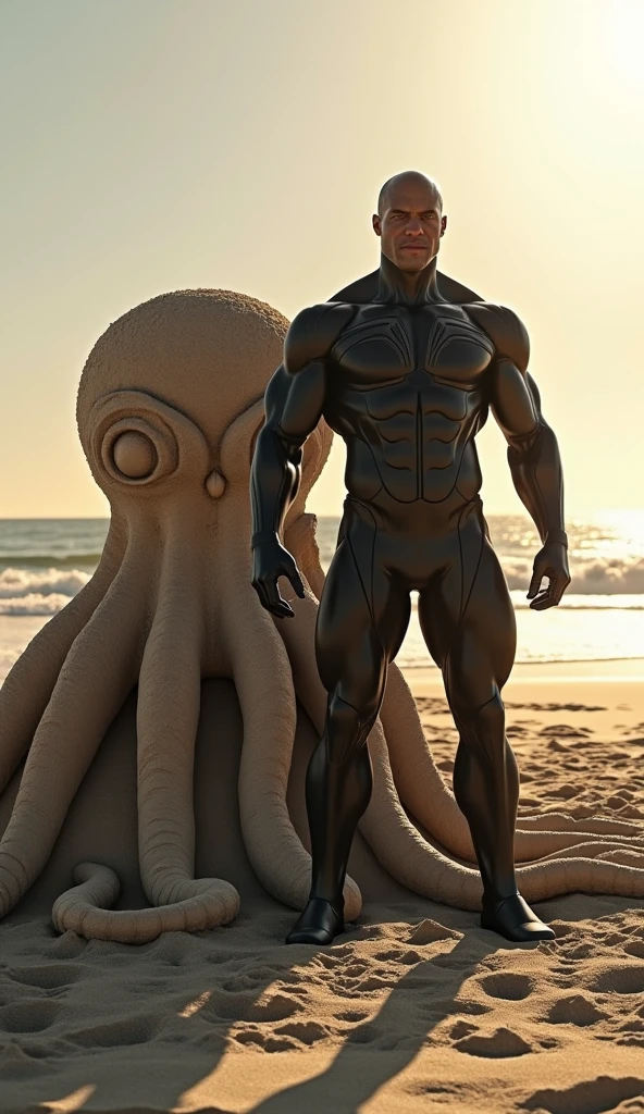 NSFW (nude) (male thin, short gray alien with penis) full body, standing on a deserted beach