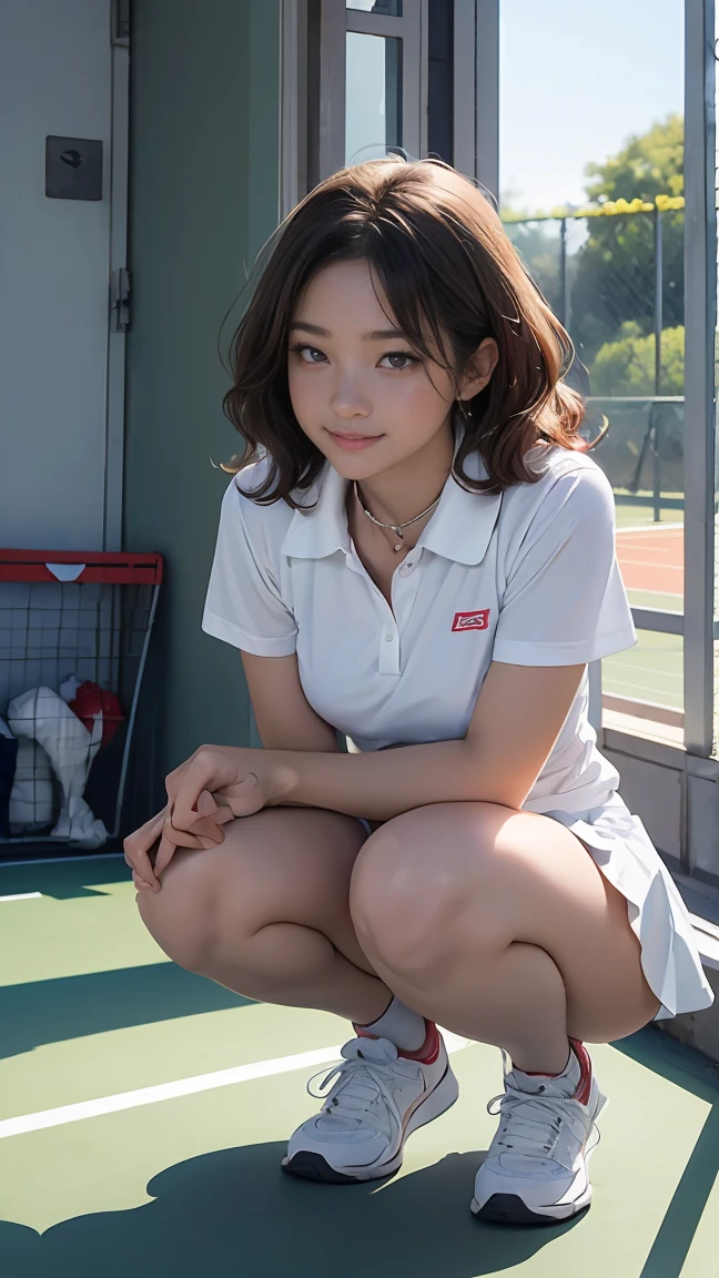 Tennis court at midsummer twilight, One naïve one 8-year-old Japan college girl, wearing white sleeveless one-piece tennis wear, wearing a sun visor on his head, sitting on a bench with M-shaped legs, The grip of the tennis racket is pressed against the crotch ((Mansuji), (Mekosuji), (Vagina)), 1 person (Akiko Takase, Kazue Kato, , Aya Takano, Etsuko Miura, Chinko, Tsugumi Ohba, Chiho, Rinko Kawaichi, Takeyuki Kanda), Body shape is 158 cm tall, weight 53 kg, bust 83 cm (D cup), waist 61 cm, hips 86 cm, hair is shoulder-length black hair, damp with sweat, the body is sweaty, tennis clothes are also sticking to the upper body so that the lines of the body appear due to sweat,