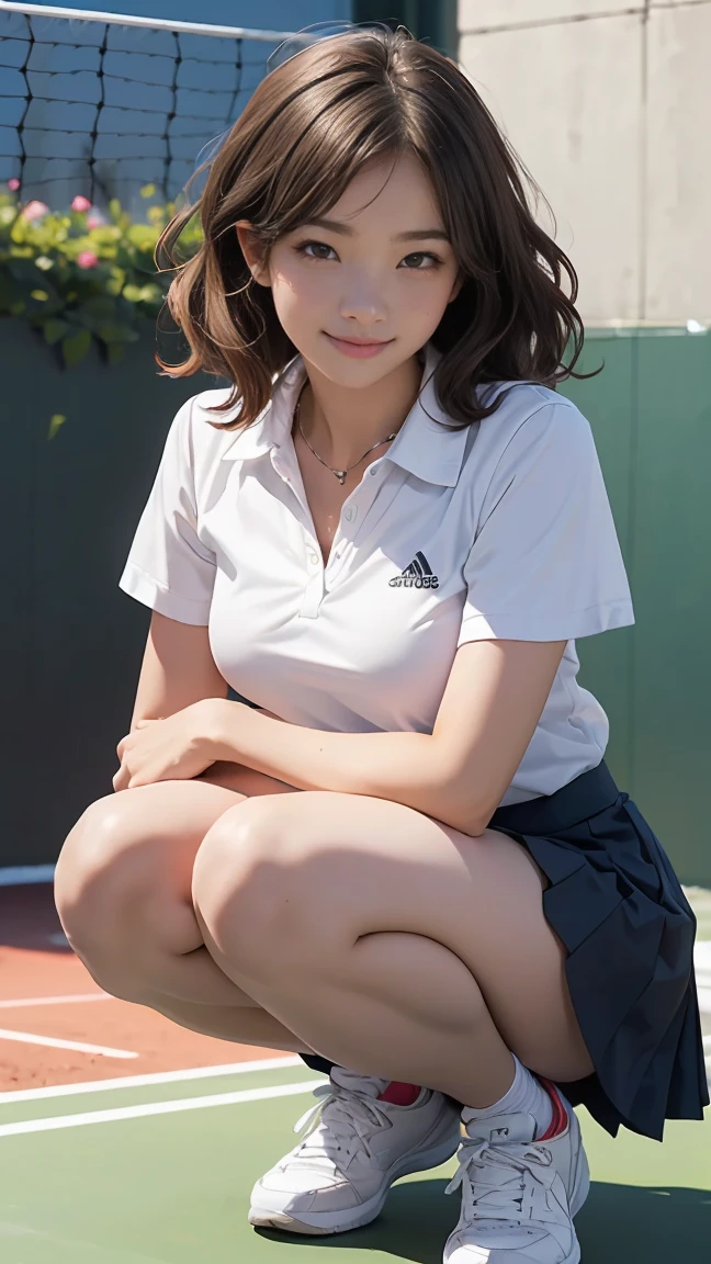Masterpiece,highest quality,Highest quality,8k,Ultra-high resolution,Extremely detailed,Beautiful Japanese woman in golf wear, Real person, Detailed body,smile,sexy,glamorous,tall,ponytail,Large Breasts,G-Cup,Big Ass,Sun visor,Sleeveless polo shirt worn next to bare skin(see-through),A mini skirt worn on bare skin(see-through),Knee-high socks,squat,Get down on one knee,Live Action, Skirt flip, (A woman happily practices with a putter in hand, discussing the grain of the putting line with her classmate.),
