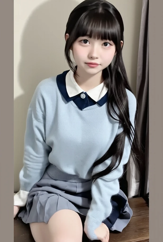 (1 Korean star with royal sister style), ((Best quality, 8K, 巨作: 1.3)), focal point: 1.2, Perfect body proportions: 1.4, (Make a smile), Watery eyes, Highly Detailed Face and Skin Textur, Fine eyes, Double eyelids, Whitens the skin, (Shawl straight hair: 1.3), (face round: 1.5), (Student uniform: 1.4), (Fish scale stockings: 1.4),(JK style:1.4),(Girls' bedroom:1.3)(sit on a bed:1.3)