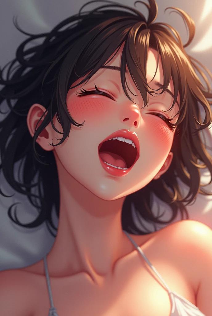 One Woman、Beautiful photorealistic、hight resolution、((Bedroom at night))、((room at night))、Open Mouth and Screaming、 tongue out、, licking , Lifelike face、Perfect lighting、kneeling on the bed、White liquid from inside the mouth, drooling cum, blushing